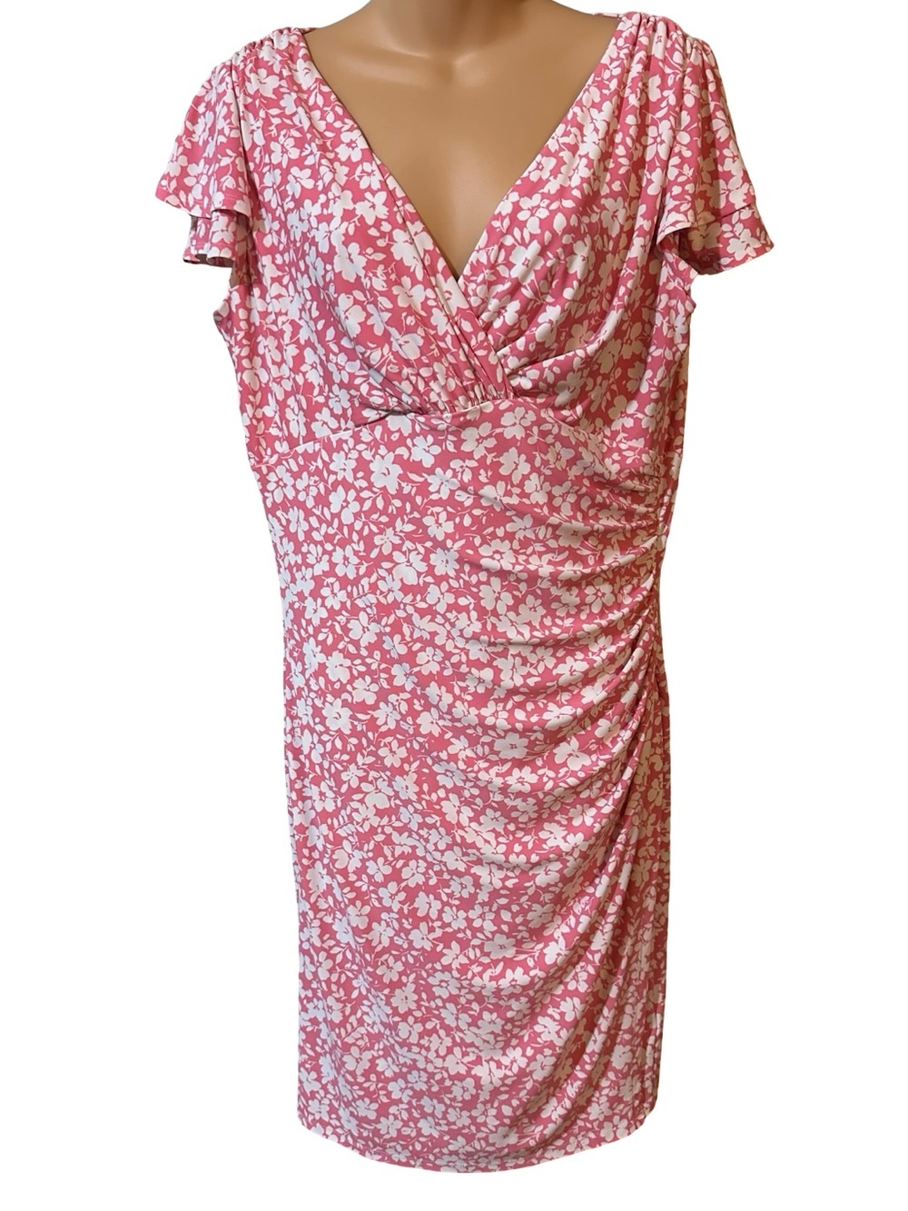 Lauren Ralph Lauren Pink White Floral Ruched Faux Wrap Dress Flutter Sleeves 14